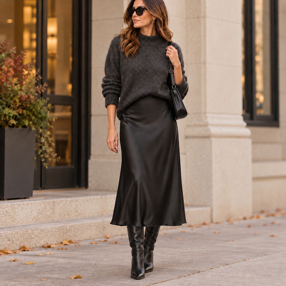 Rachel Zoe Black Satin Midi Skirt Slip Minimalist Chic 2